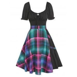 🆕 Ruched Bust Plaid Tied Dress Black Pink Green Blue Dresslily Size 10